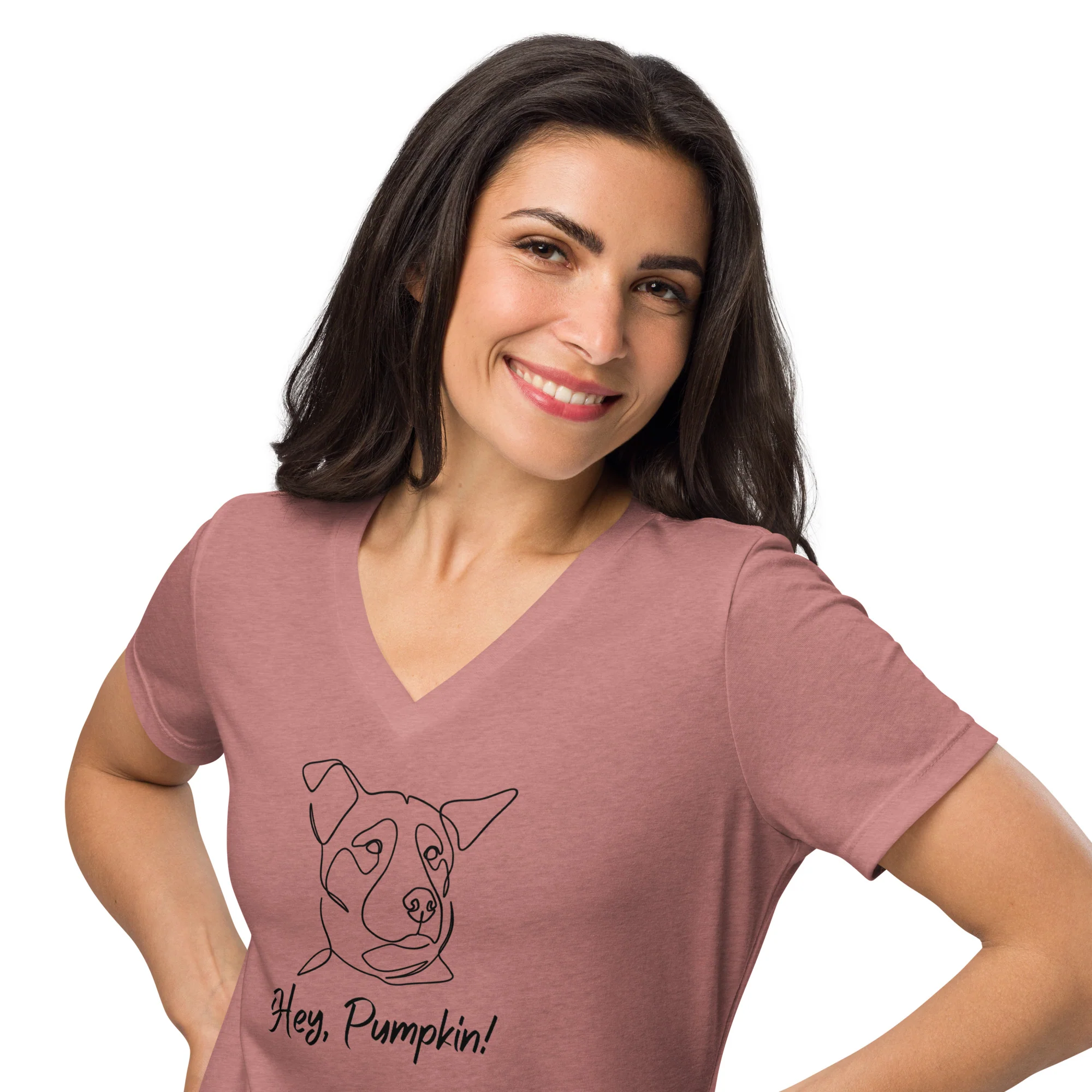 Sitting with Dogs [Pumpkin] Women’s Relaxed V-Neck T-Shirt - Image 7